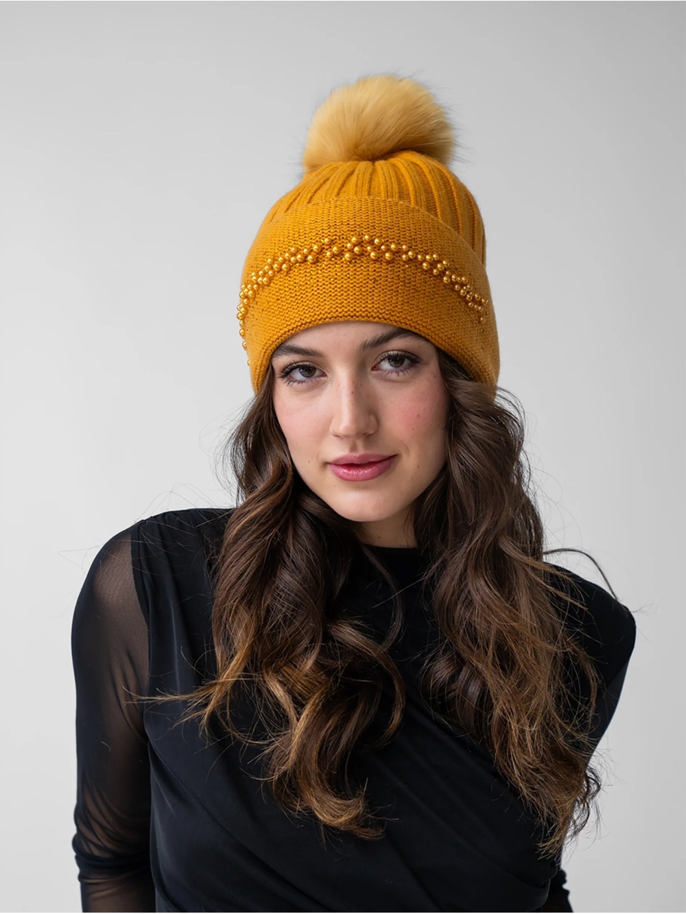 $75 MSRP Adrienne Landau Pearl Trim Faux Fur Pom Beanie (Amber)